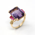 Amethyst Cocktail Ring - Retro 14k Yellow Gold Genuine 9 CT Amethyst Gem - Vintage Circa 1940s Size 6.25 Created Ruby Accent Fine Jewelry