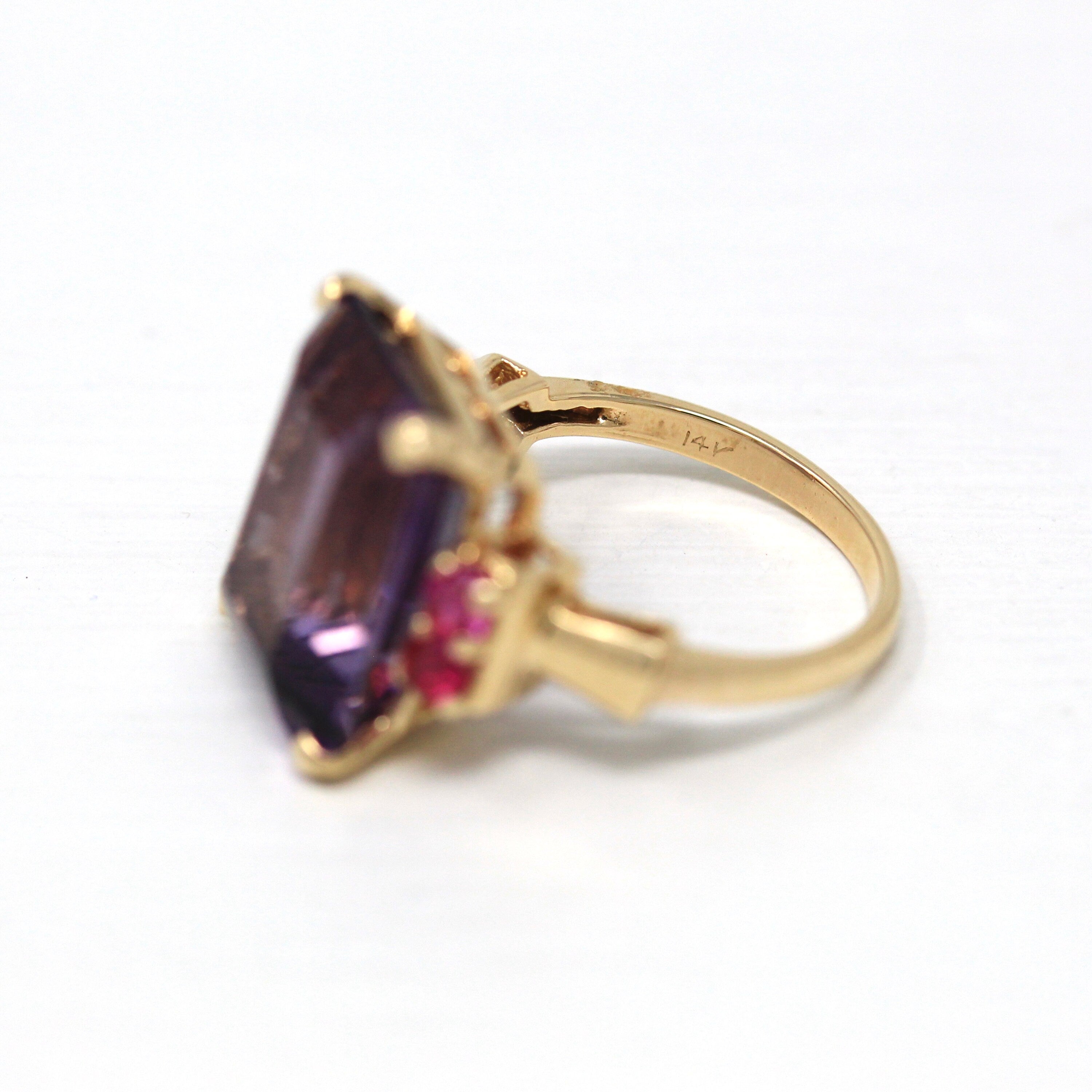 Amethyst Cocktail Ring - Retro 14k Yellow Gold Genuine 9 CT Amethyst Gem - Vintage Circa 1940s Size 6.25 Created Ruby Accent Fine Jewelry