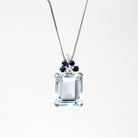 Aquamarine & Sapphire Pendant - Estate 14k White Gold Genuine Blue Gems Diamond Necklace - Modern Circa 2000s Era March Birthstone Jewelry