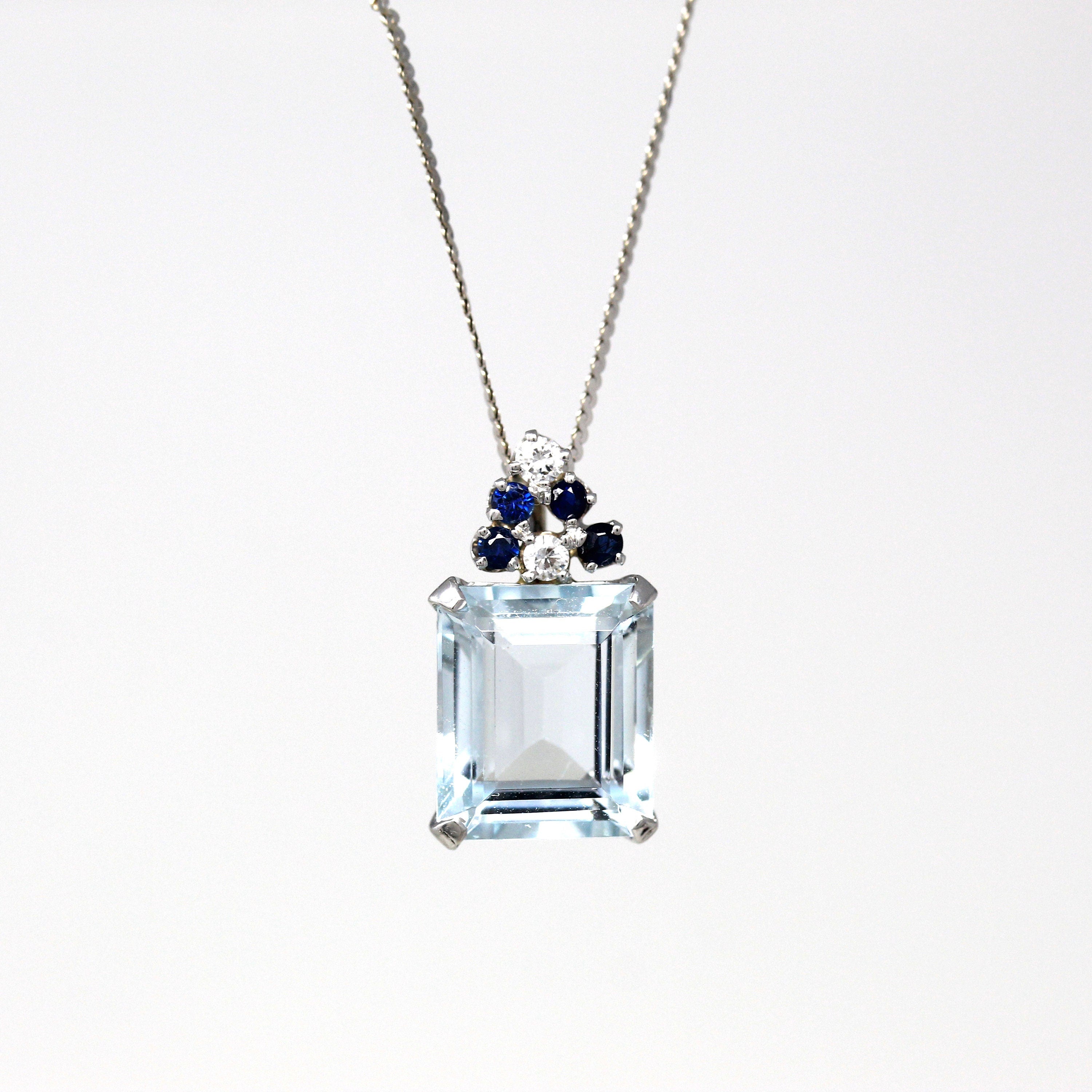 Aquamarine & Sapphire Pendant - Estate 14k White Gold Genuine Blue Gems Diamond Necklace - Modern Circa 2000s Era March Birthstone Jewelry