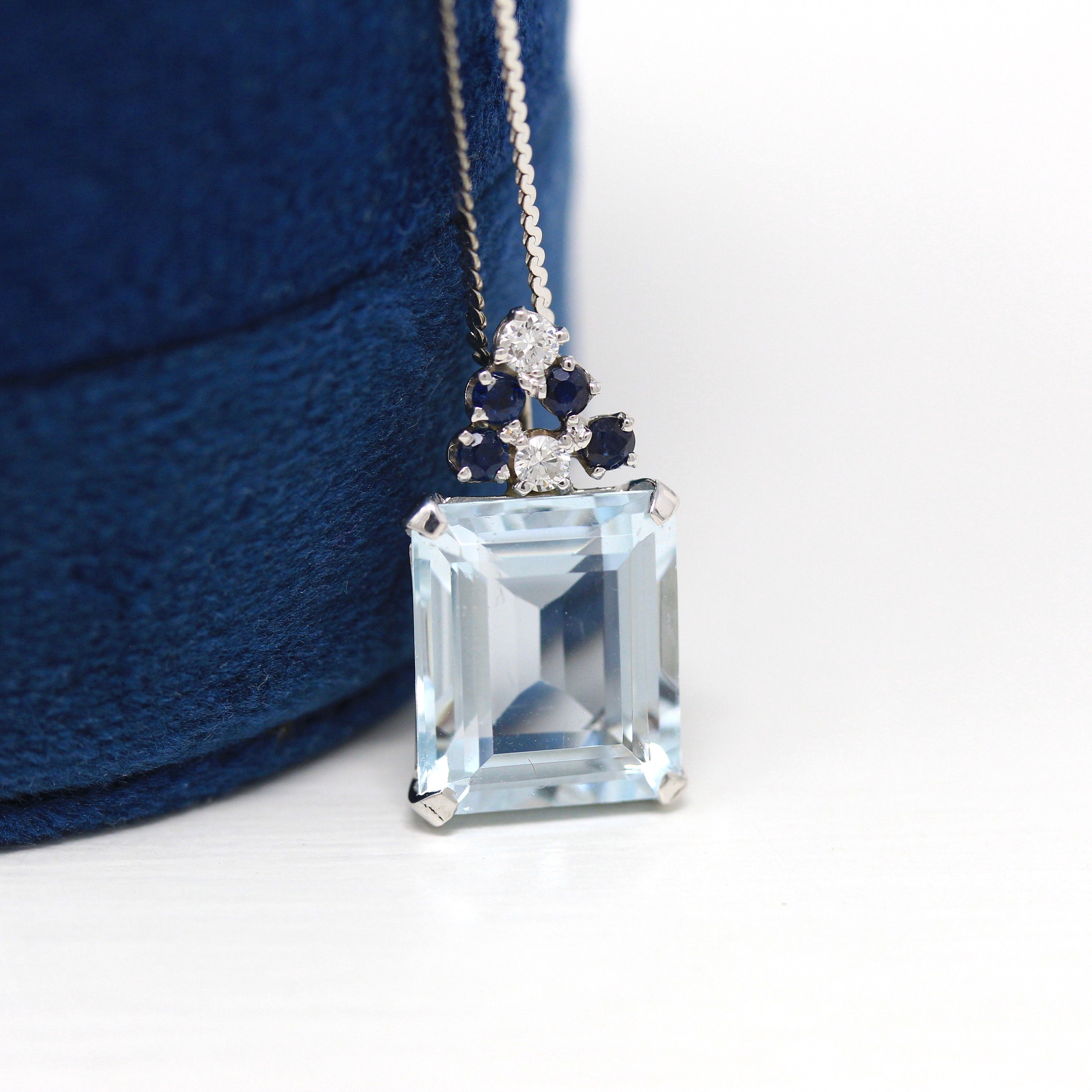 Aquamarine & Sapphire Pendant - Estate 14k White Gold Genuine Blue Gems Diamond Necklace - Modern Circa 2000s Era March Birthstone Jewelry