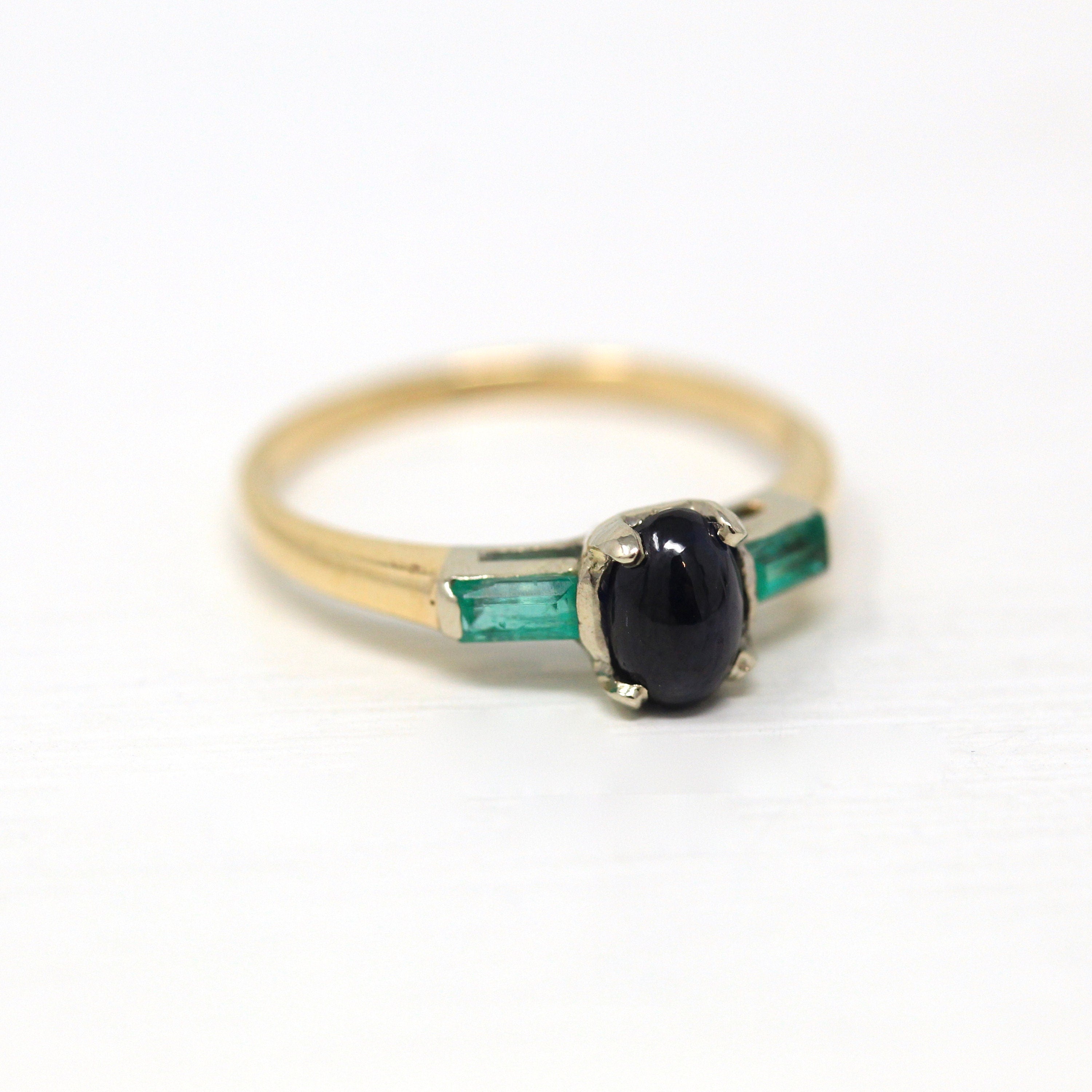 Genuine Sapphire Ring - Estate 14k Yellow Gold Oval Cabochon .74 CT Blue Gem - Vintage Circa 1990s Size 5.5 Emerald Accent 3 Stone Jewelry