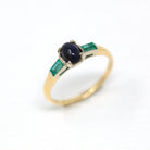 Genuine Sapphire Ring - Estate 14k Yellow Gold Oval Cabochon .74 CT Blue Gem - Vintage Circa 1990s Size 5.5 Emerald Accent 3 Stone Jewelry