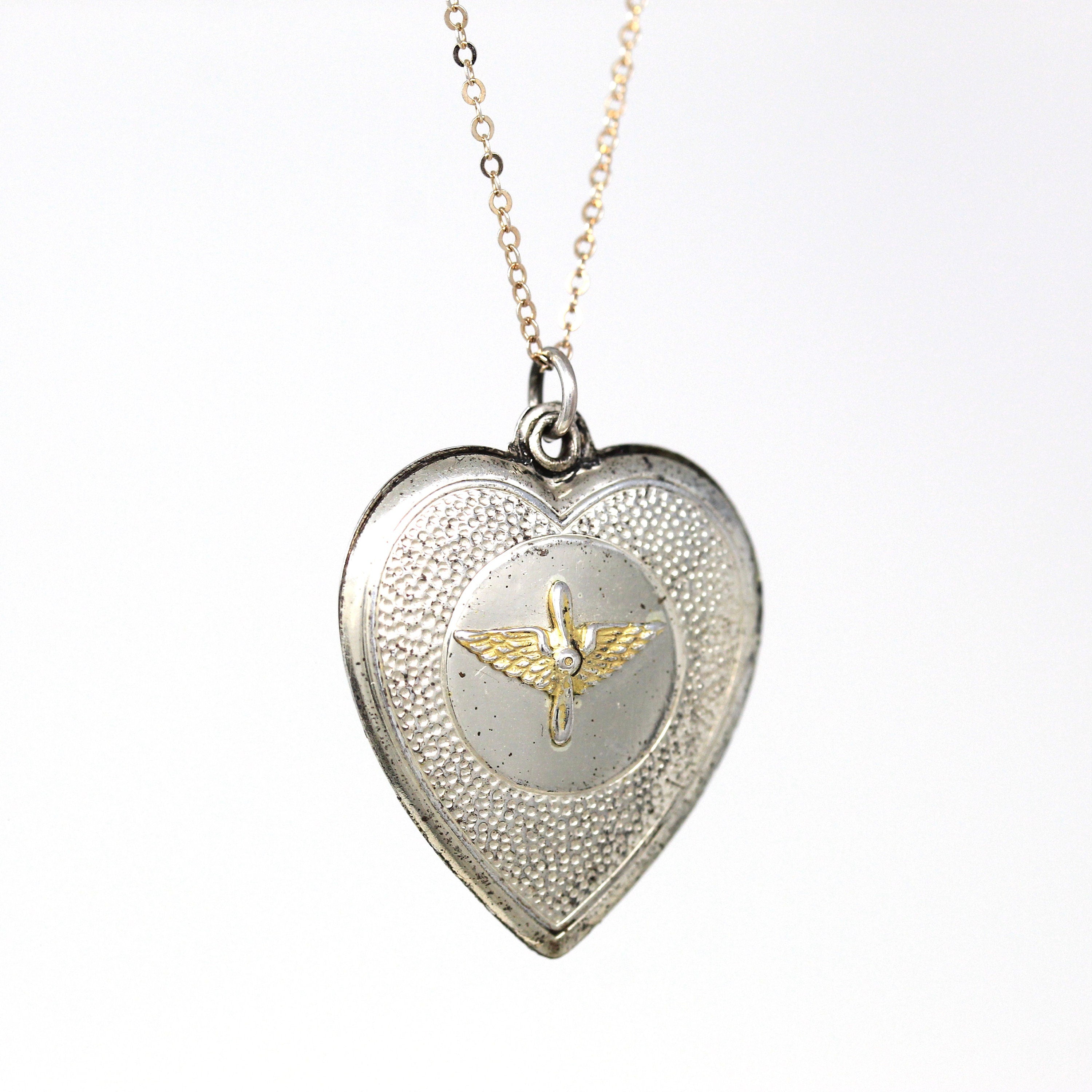 Vintage Aviation Pendant - Retro Sterling Silver Prop And Wings Puffy Heart Necklace - Circa 1940s Statement Military Sweetheart 40s Jewelry