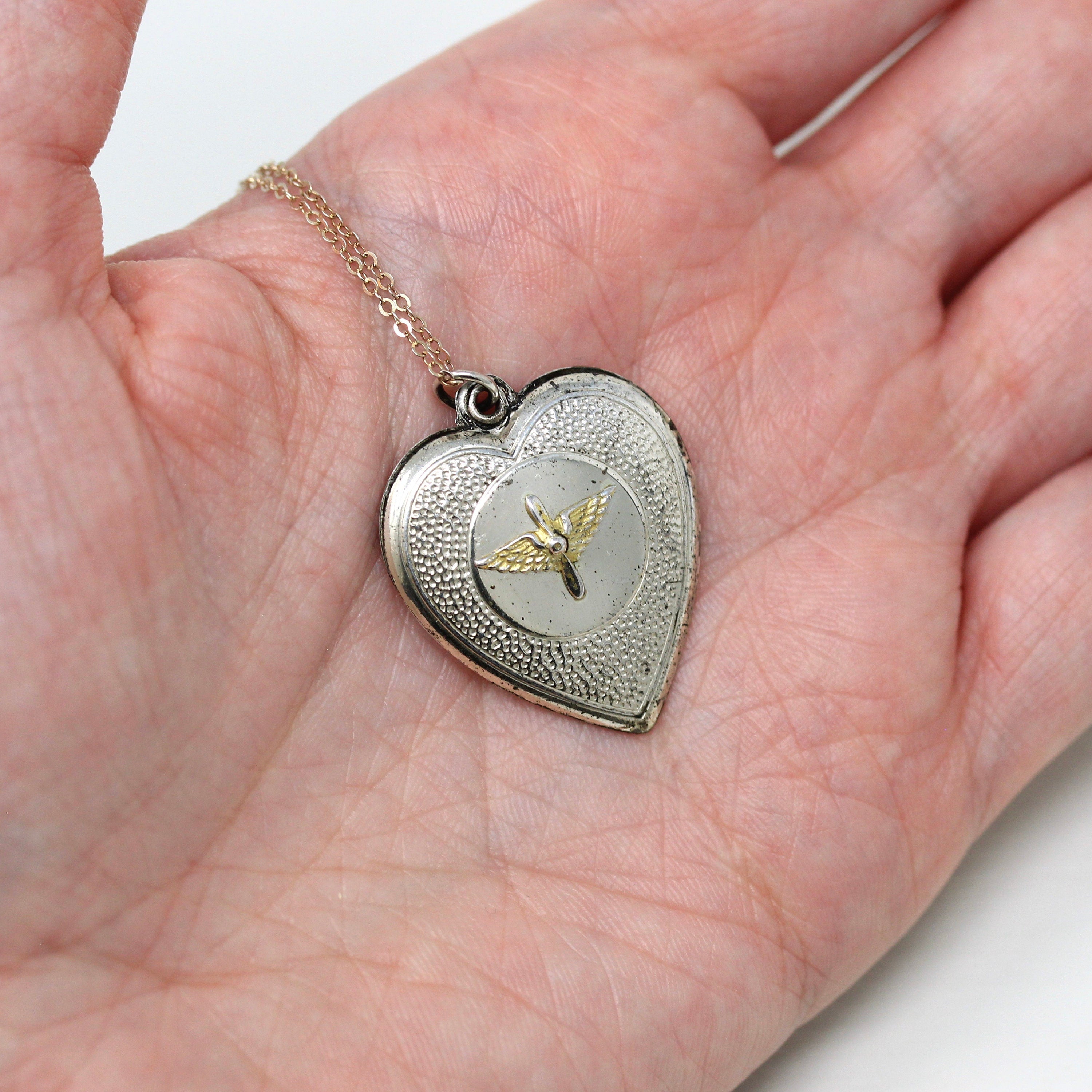 Vintage Aviation Pendant - Retro Sterling Silver Prop And Wings Puffy Heart Necklace - Circa 1940s Statement Military Sweetheart 40s Jewelry