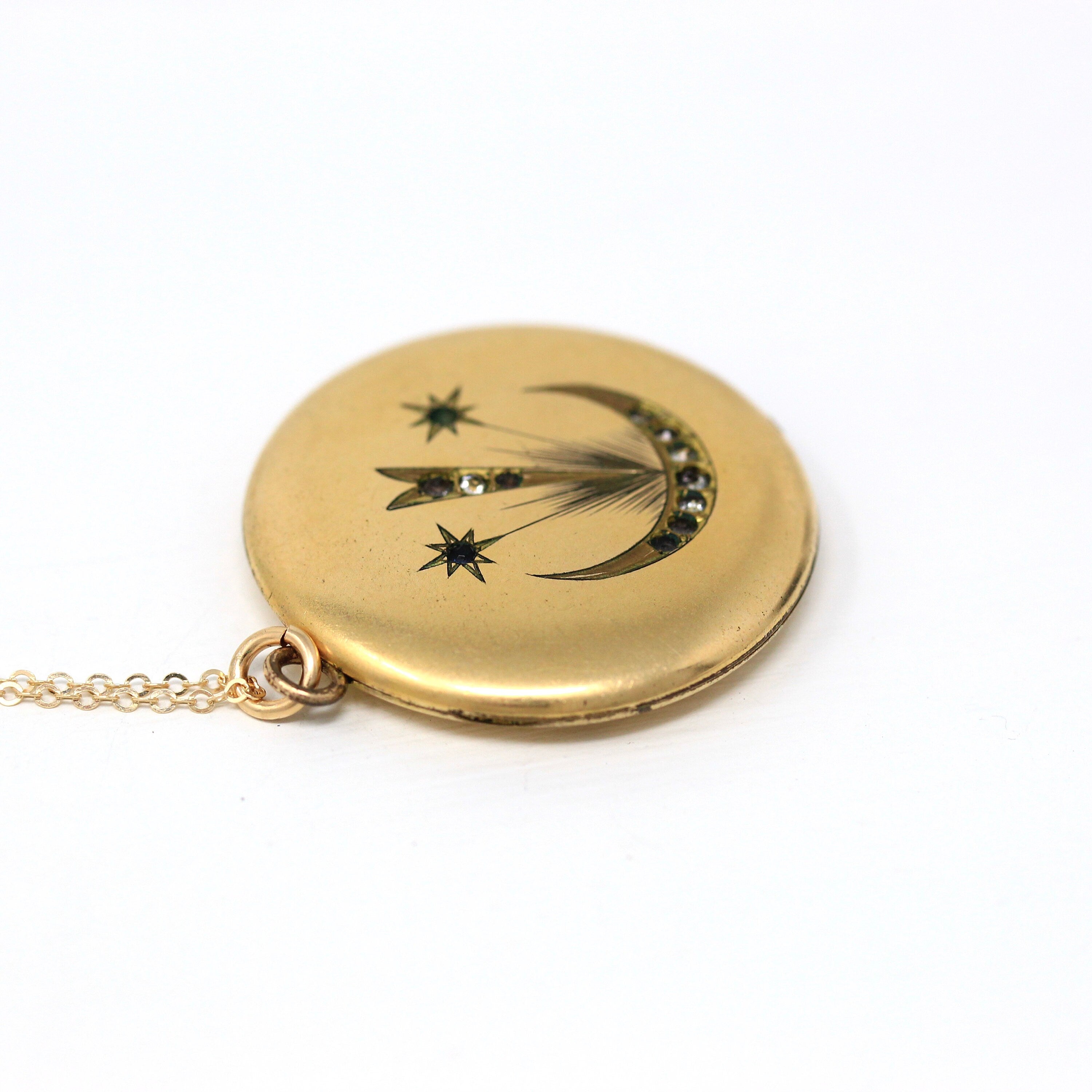 Crescent Moon Locket - Antique Gold Filled Rhinestones Pendant Necklace Charm - Edwardian Circa 1900s Era Celestial Shooting Stars Jewelry