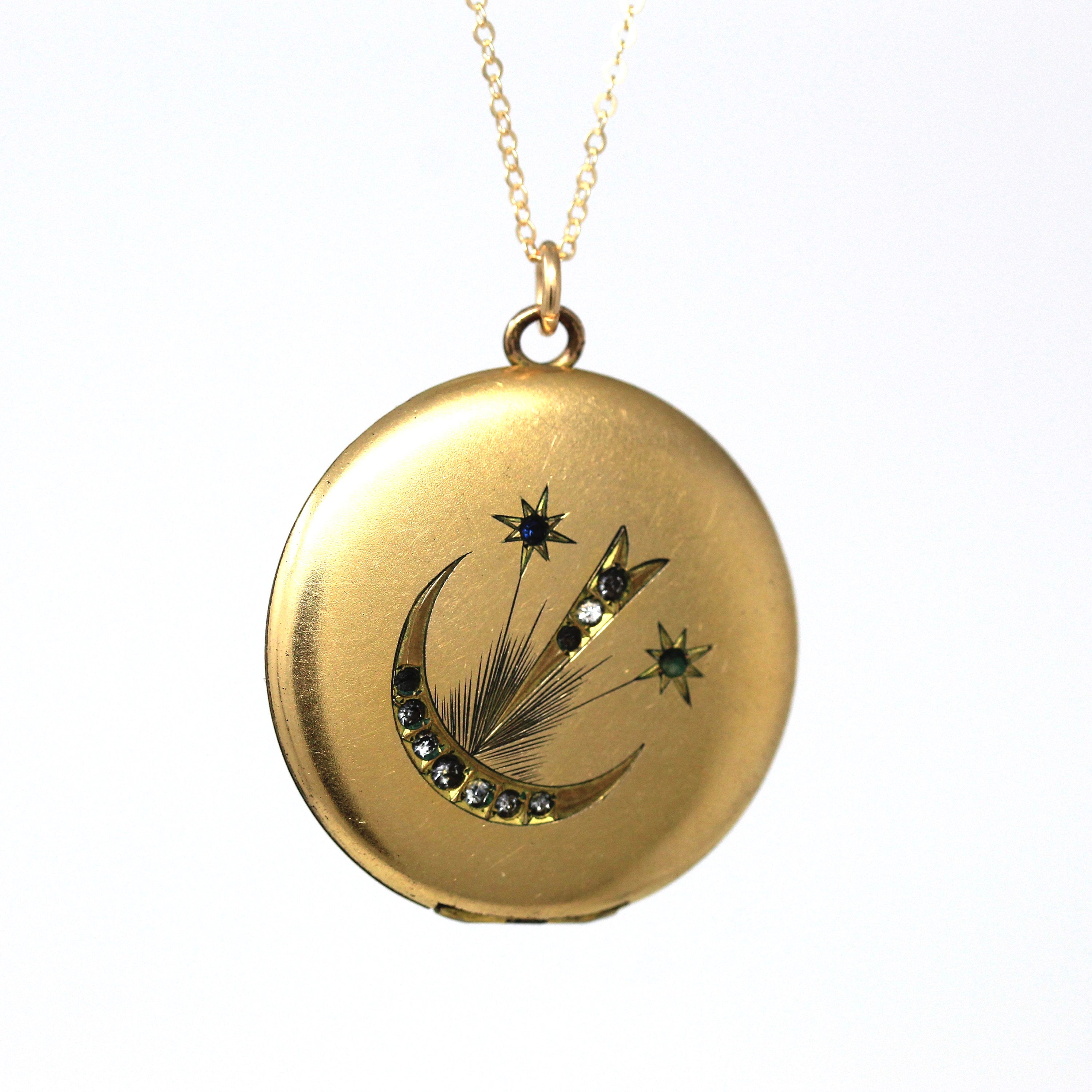 Crescent Moon Locket - Antique Gold Filled Rhinestones Pendant Necklace Charm - Edwardian Circa 1900s Era Celestial Shooting Stars Jewelry