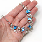 Art Deco Necklace - Vintage Sterling Silver Faceted Glass Crystals - Circa 1930s Era Festoon Collar Flapper Blue Dangling 16" Chain Jewelry