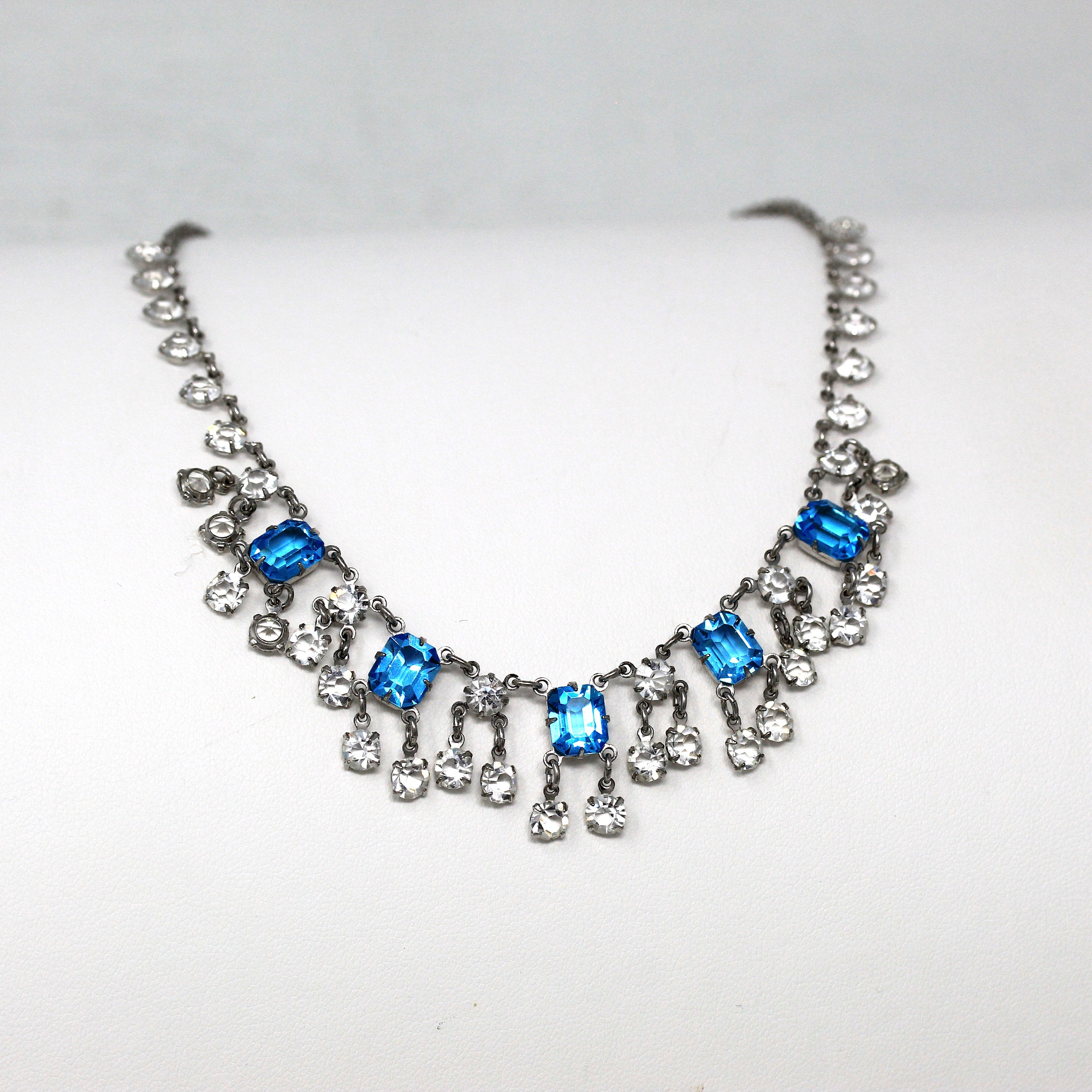 Art Deco Necklace - Vintage Sterling Silver Faceted Glass Crystals - Circa 1930s Era Festoon Collar Flapper Blue Dangling 16" Chain Jewelry