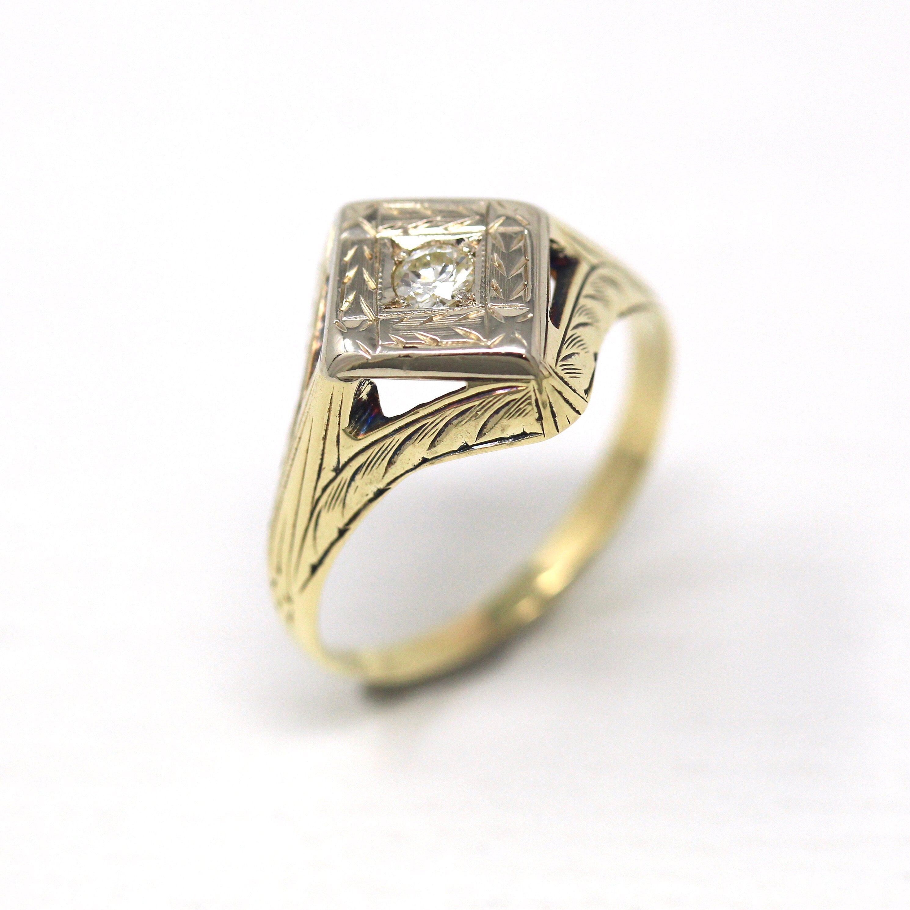 Vintage Diamond Ring - Art Deco Era 14k Yellow & White Gold .13 CT Gemstone - Vintage Circa 1930s Size 7 Fine Engagement Engraved Jewelry