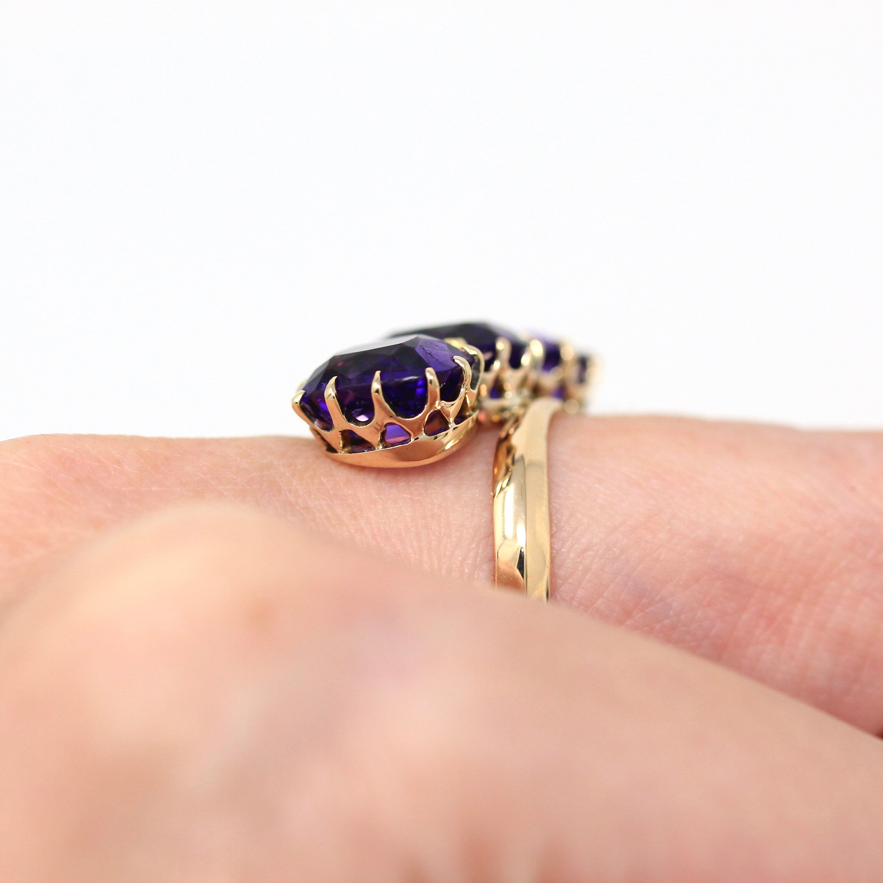 Amethyst Cocktail Ring - Retro Era 14k Yellow Gold Purple 6.75 CTW Gemstones - Vintage Circa 1940s Size 5.75 Bypass Setting Fine 40s Jewelry