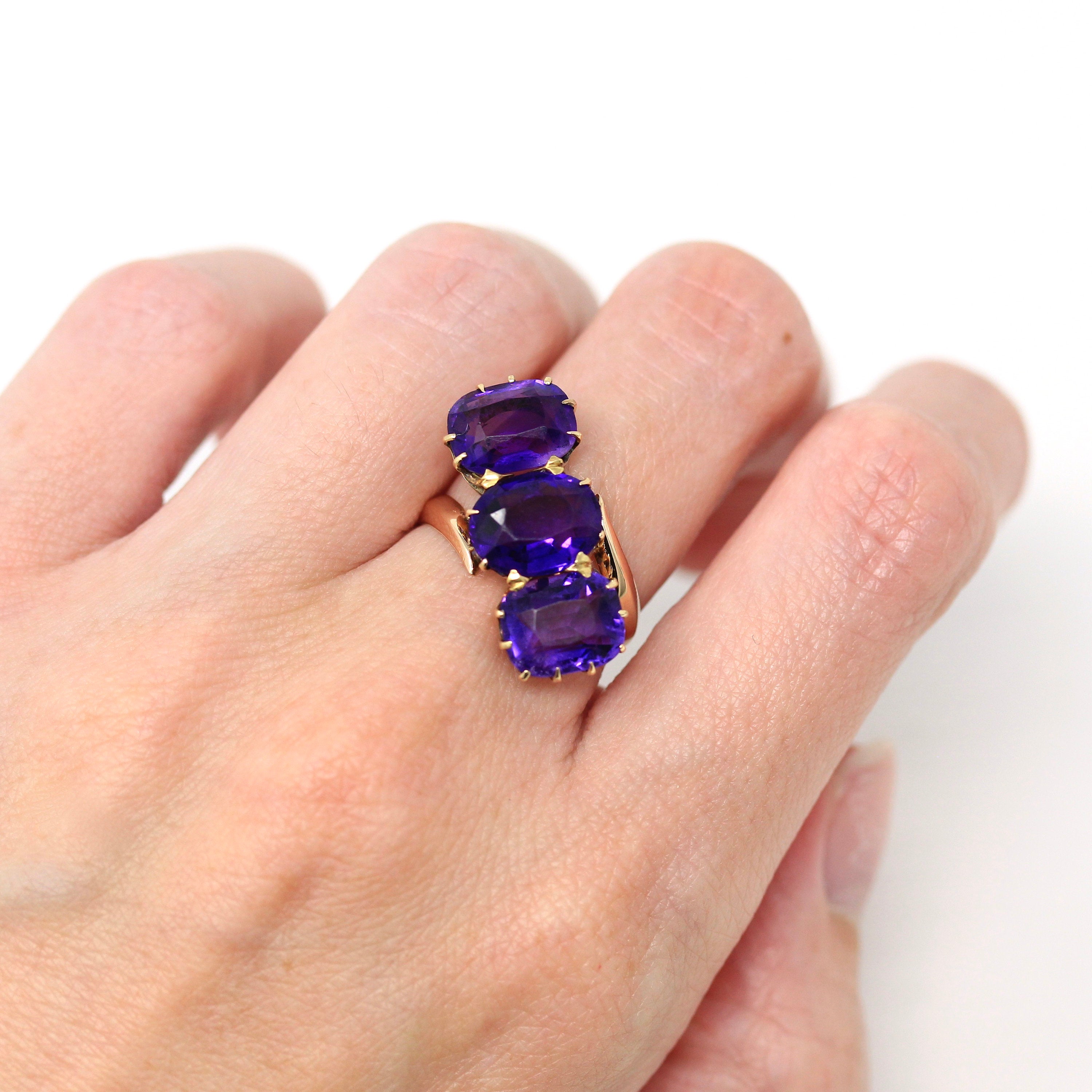 Amethyst Cocktail Ring - Retro Era 14k Yellow Gold Purple 6.75 CTW Gemstones - Vintage Circa 1940s Size 5.75 Bypass Setting Fine 40s Jewelry