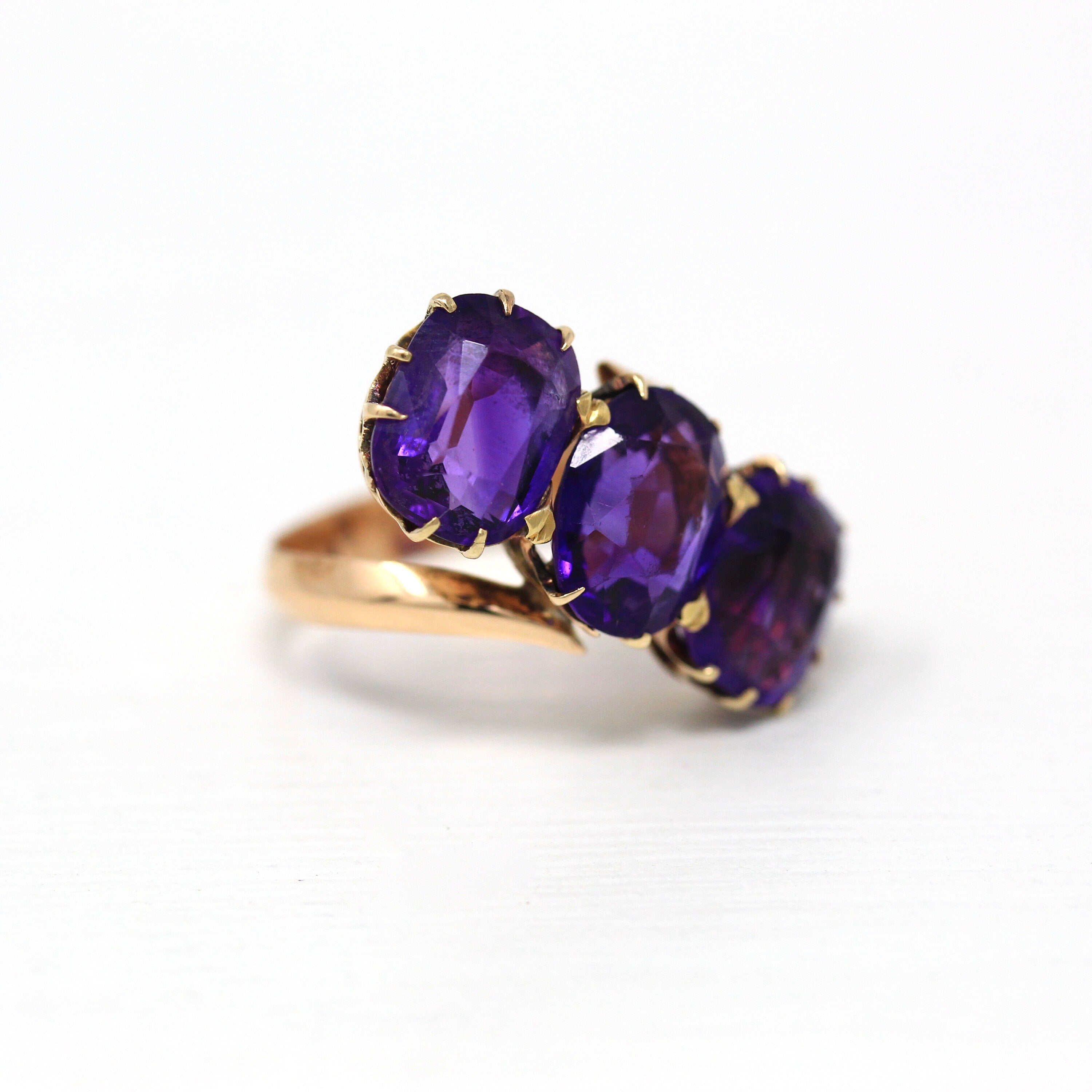 Amethyst Cocktail Ring - Retro Era 14k Yellow Gold Purple 6.75 CTW Gemstones - Vintage Circa 1940s Size 5.75 Bypass Setting Fine 40s Jewelry