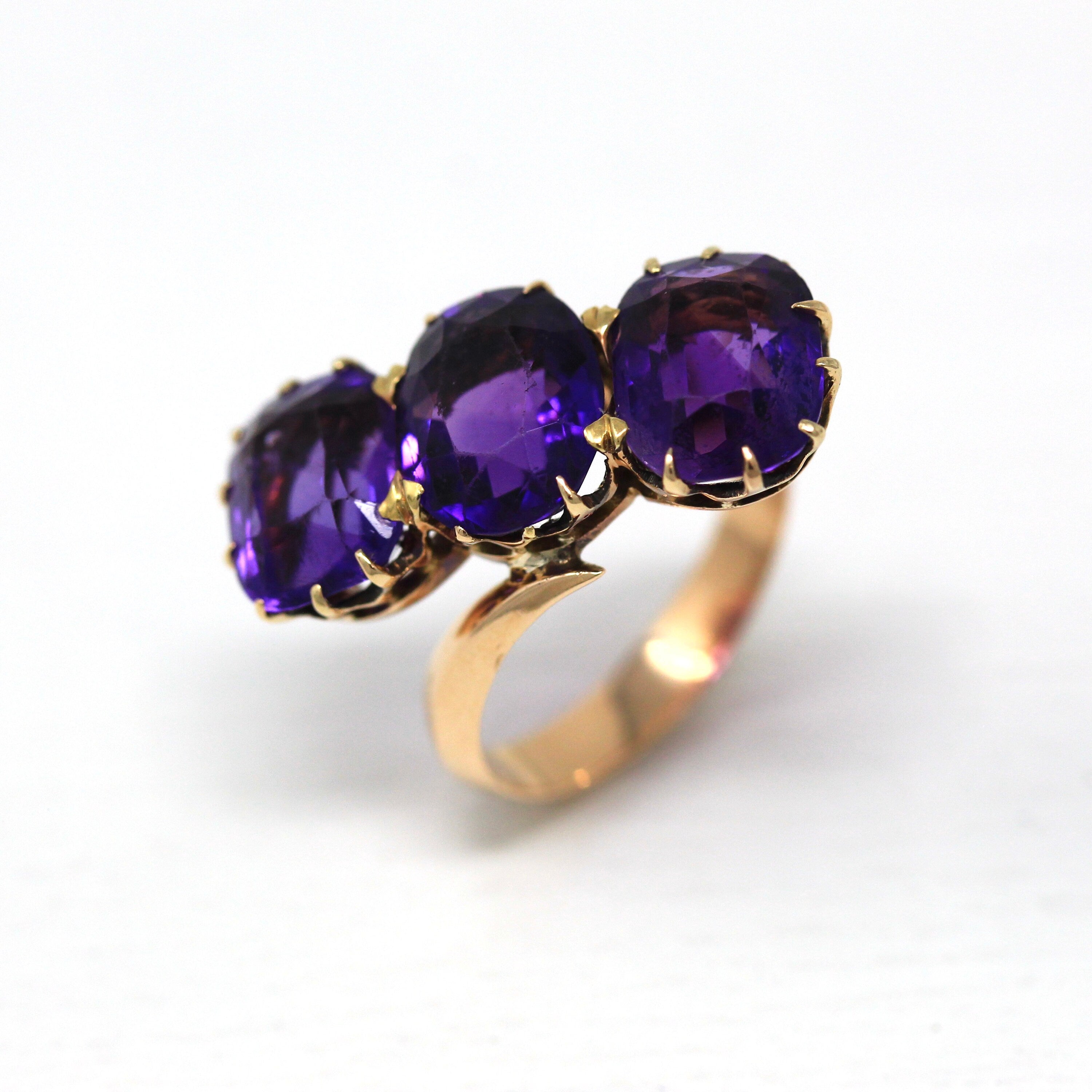 Amethyst Cocktail Ring - Retro Era 14k Yellow Gold Purple 6.75 CTW Gemstones - Vintage Circa 1940s Size 5.75 Bypass Setting Fine 40s Jewelry