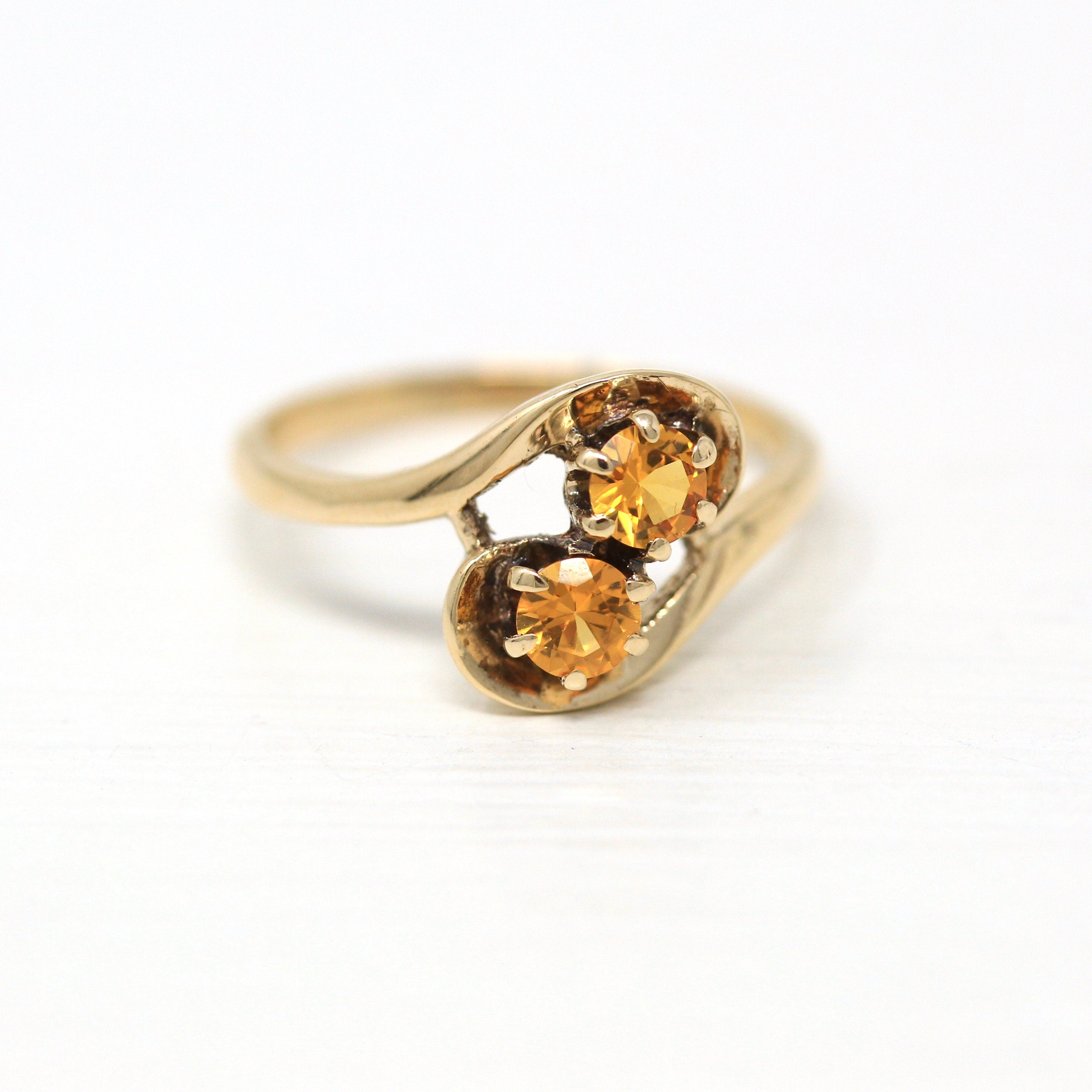 Created Orange Sapphire Ring - Retro 10k Yellow Gold Round Faceted .42 CTW Stones - Vintage 1960s Era Size 5 1/4 Statement Bypass Jewelry