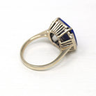 Genuine Lapis Lazuli Ring - Vintage 14k White Gold Fancy Cut Flat Blue Gem Pyrite Statement - 1970s Size 6 1/4 Gemstone 70s Fine Jewelry