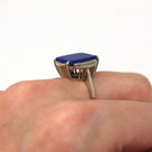 Genuine Lapis Lazuli Ring - Vintage 14k White Gold Fancy Cut Flat Blue Gem Pyrite Statement - 1970s Size 6 1/4 Gemstone 70s Fine Jewelry