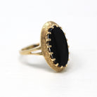 Genuine Onyx Ring - Retro 10k Yellow Gold Oval Flat Black Gemstone - Vintage Circa 1960s Era Size 6 Statement Fine Split Shank Jewelry