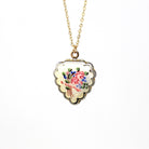 Vintage Heart Locket - Retro 12k Gold Filled Flower Enamel Necklace - 1940s Pink Enamel Pendant Keepsake Romantic Floral Jewelry