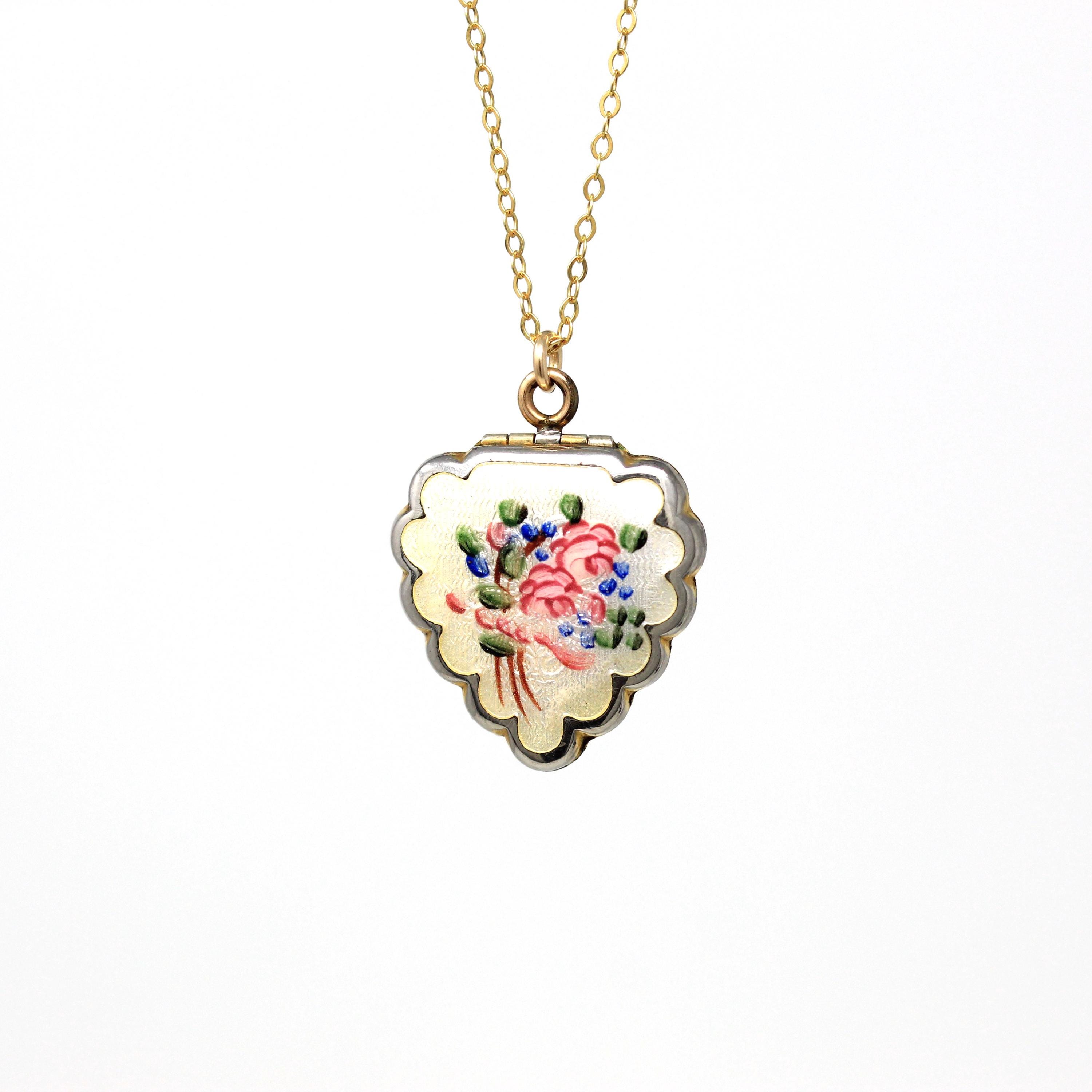 Vintage Heart Locket - Retro 12k Gold Filled Flower Enamel Necklace - 1940s Pink Enamel Pendant Keepsake Romantic Floral Jewelry