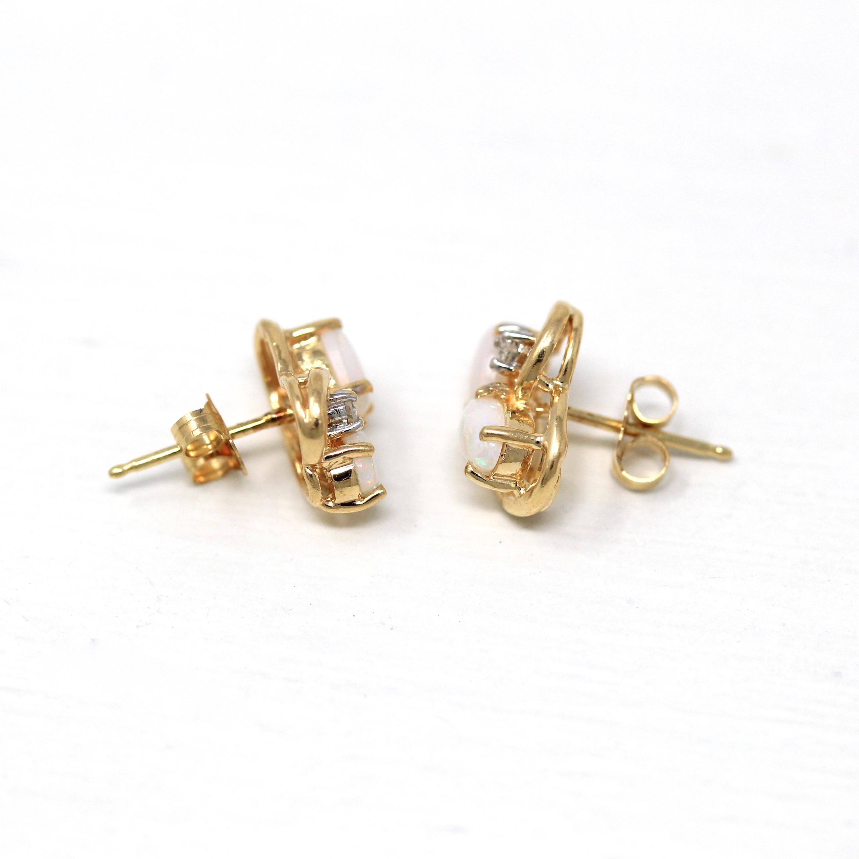 Opal Diamond Earrings - Modern 14k Yellow Gold Genuine Gemstone Cluster Studs - Circa 2000s Asymmetrical Everyday Fine Post Back Jewelry