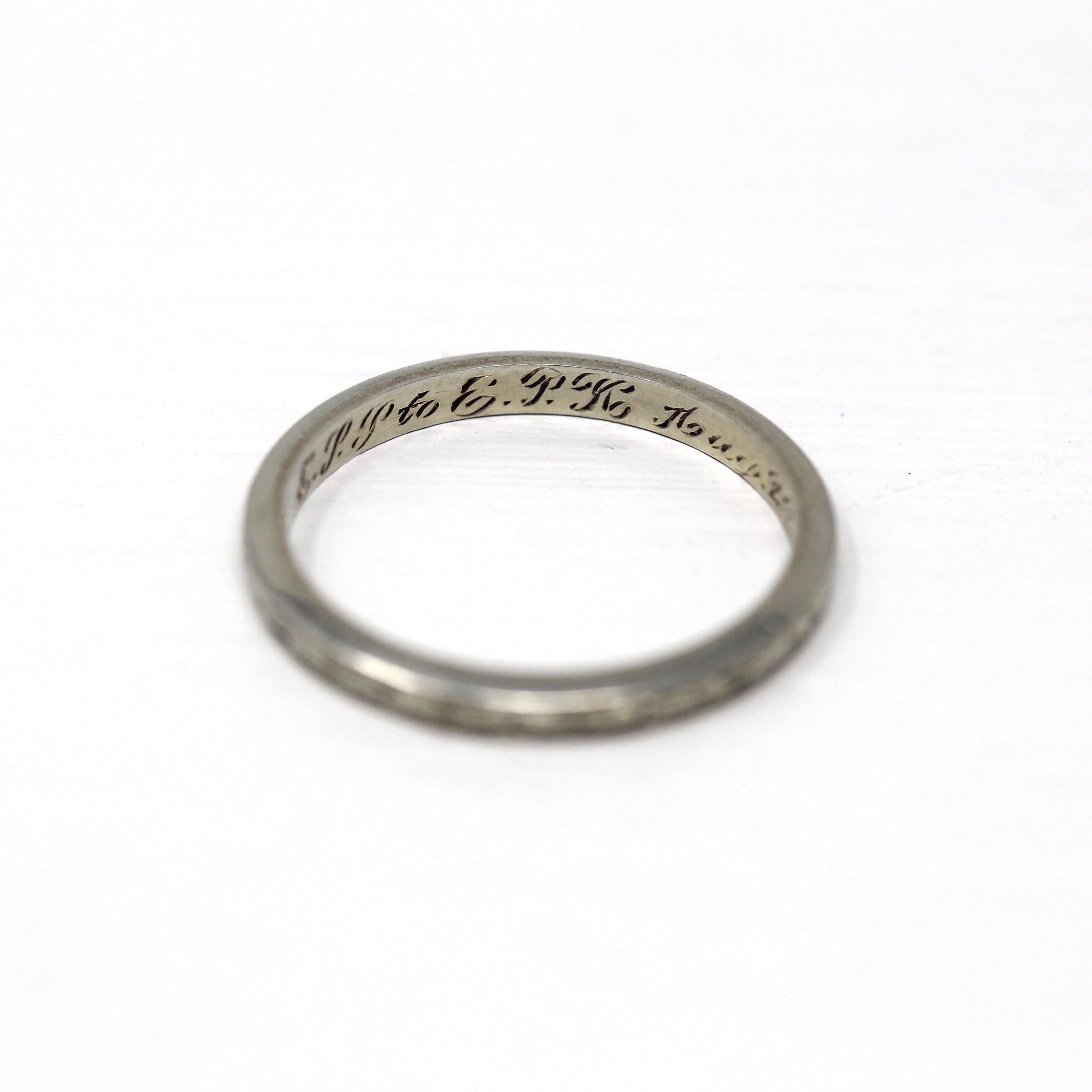 Dated "1931" Band - Art Deco 18k White Gold Engraved Initials Eternity Design Ring - Vintage Dated "Aug-22-31" Size 6 Wedding Fine Jewelry