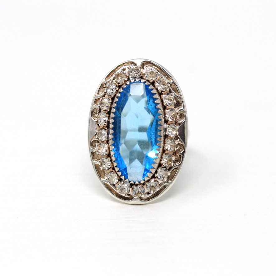 1950s Cocktail Ring - Vintage Sterling Silver Blue Glass Stone Oval Halo - Circa 1950s Era Size 6 Adjustable Statement Jewelry