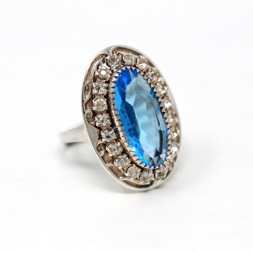 1950s Cocktail Ring - Vintage Sterling Silver Blue Glass Stone Oval Halo - Circa 1950s Era Size 6 Adjustable Statement Jewelry