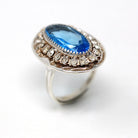 1950s Cocktail Ring - Vintage Sterling Silver Blue Glass Stone Oval Halo - Circa 1950s Era Size 6 Adjustable Statement Jewelry