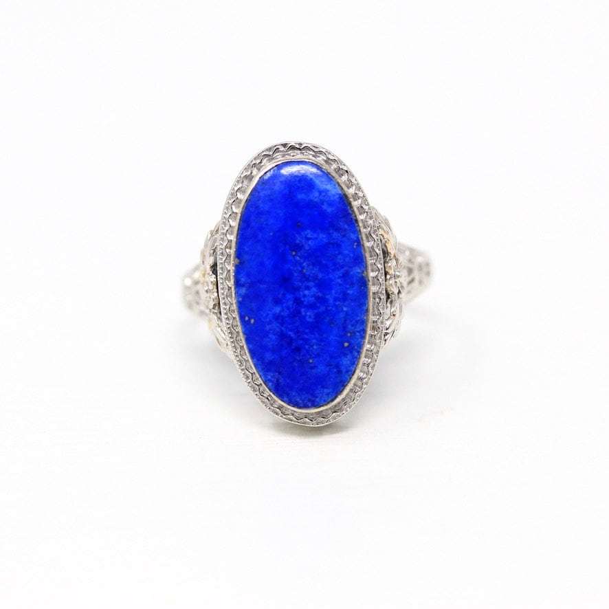 Art Deco Filigree Ring - Antique 14k White Gold Genuine Lapis Lazuli Gemstone - Vintage Circa 1930s Size 6 1/4 Statement Flower Fine Jewelry