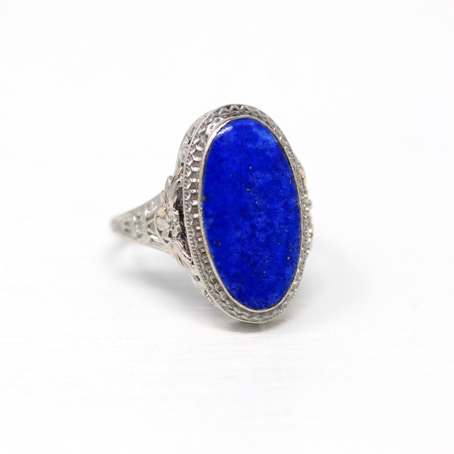 Art Deco Filigree Ring - Antique 14k White Gold Genuine Lapis Lazuli Gemstone - Vintage Circa 1930s Size 6 1/4 Statement Flower Fine Jewelry