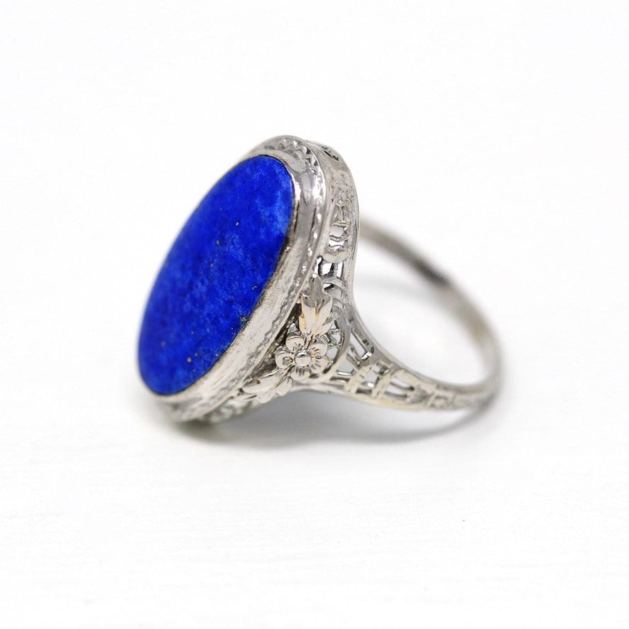 Art Deco Filigree Ring - Antique 14k White Gold Genuine Lapis Lazuli Gemstone - Vintage Circa 1930s Size 6 1/4 Statement Flower Fine Jewelry