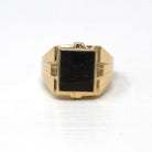 Genuine Bloodstone Ring - Retro 10k Yellow Gold Rectangular Dark Green Red Gem - Vintage Circa 1960s Era Size 10 1/4 Heliotrope Fine Jewelry