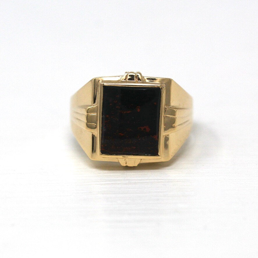 Genuine Bloodstone Ring - Retro 10k Yellow Gold Rectangular Dark Green Red Gem - Vintage Circa 1960s Era Size 10 1/4 Heliotrope Fine Jewelry