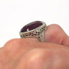 Art Deco Ring - Vintage Sterling Silver Simulated Amethyst Cocktail Statement - Circa 1930s Purple Hue Glass Filigree 30s Size 4.5 Jewelry