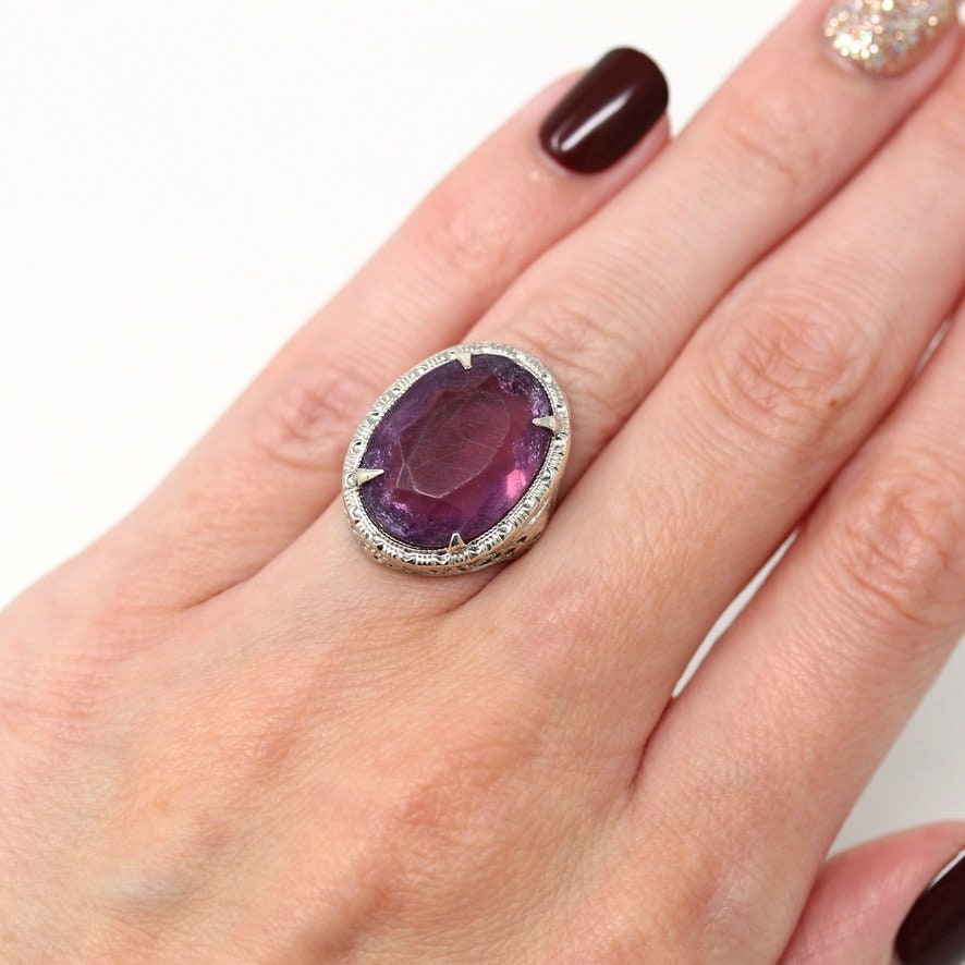 Art Deco Ring - Vintage Sterling Silver Simulated Amethyst Cocktail Statement - Circa 1930s Purple Hue Glass Filigree 30s Size 4.5 Jewelry