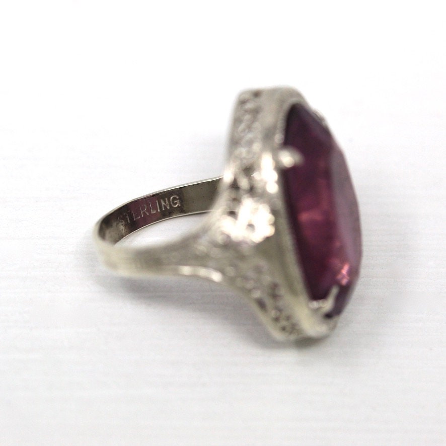 Art Deco Ring - Vintage Sterling Silver Simulated Amethyst Cocktail Statement - Circa 1930s Purple Hue Glass Filigree 30s Size 4.5 Jewelry