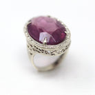 Art Deco Ring - Vintage Sterling Silver Simulated Amethyst Cocktail Statement - Circa 1930s Purple Hue Glass Filigree 30s Size 4.5 Jewelry