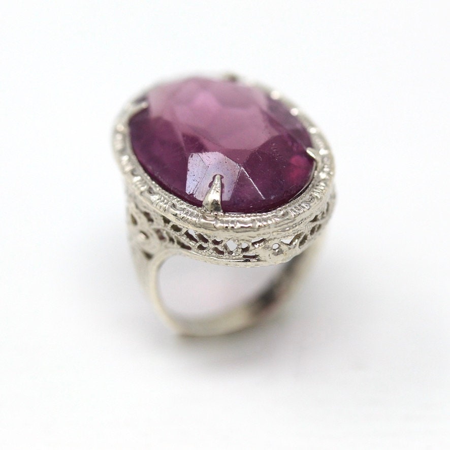 Art Deco Ring - Vintage Sterling Silver Simulated Amethyst Cocktail Statement - Circa 1930s Purple Hue Glass Filigree 30s Size 4.5 Jewelry