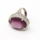 Art Deco Ring - Vintage Sterling Silver Simulated Amethyst Cocktail Statement - Circa 1930s Purple Hue Glass Filigree 30s Size 4.5 Jewelry