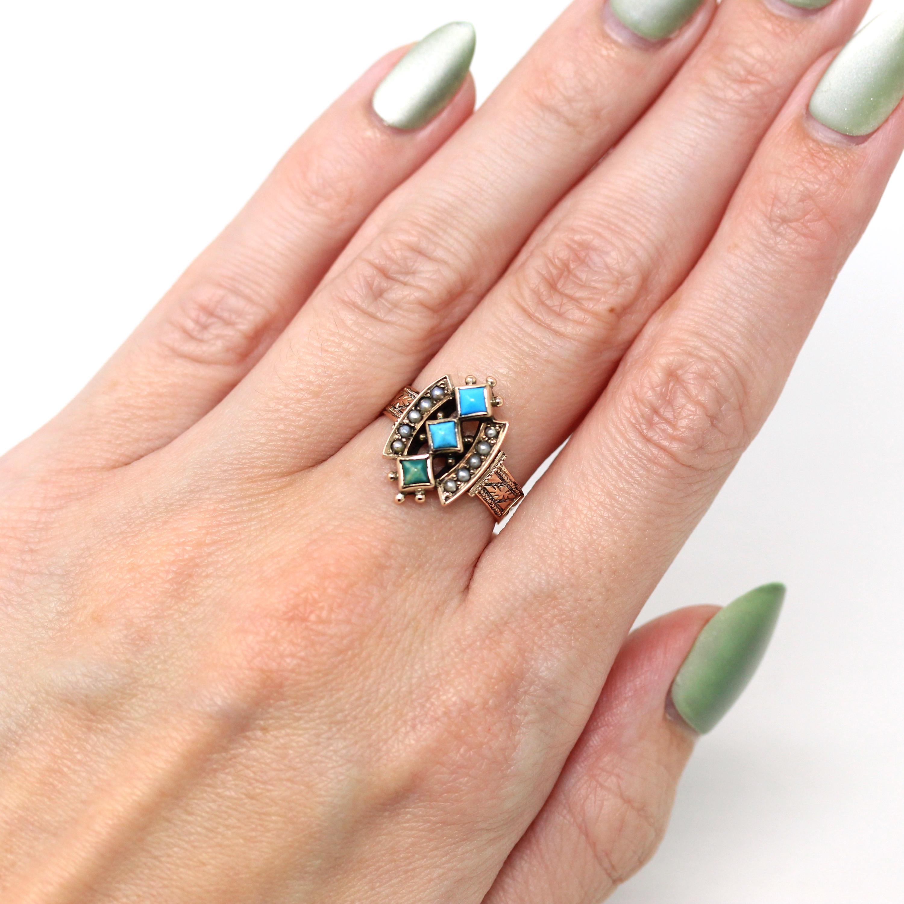 Antique Turquoise Ring - Victorian 10k Yellow Gold Green & Blue Genuine Gems Statement - Circa 1890s Era Size 6 1/4 Seed Pearl Fine Jewelry