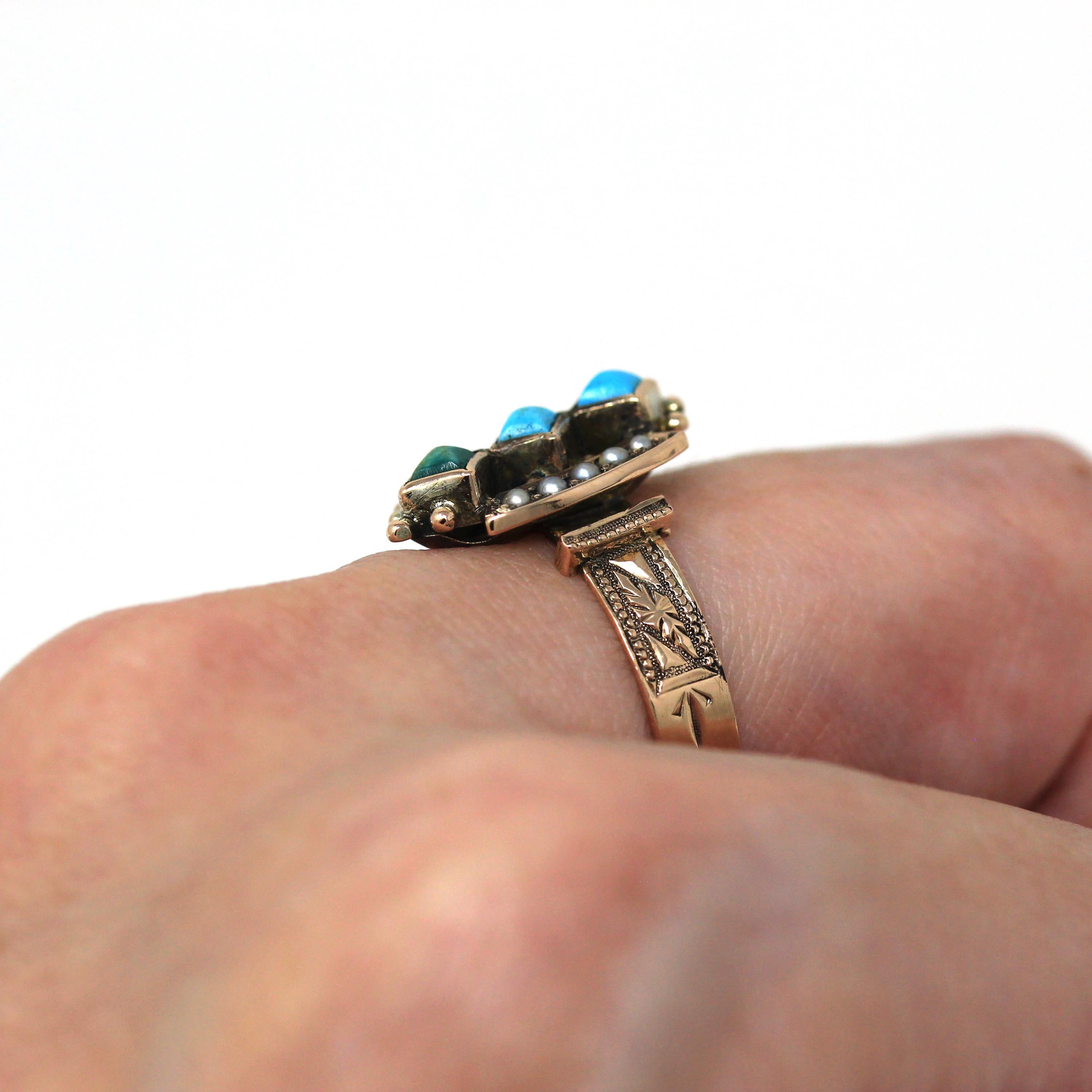 Antique Turquoise Ring - Victorian 10k Yellow Gold Green & Blue Genuine Gems Statement - Circa 1890s Era Size 6 1/4 Seed Pearl Fine Jewelry