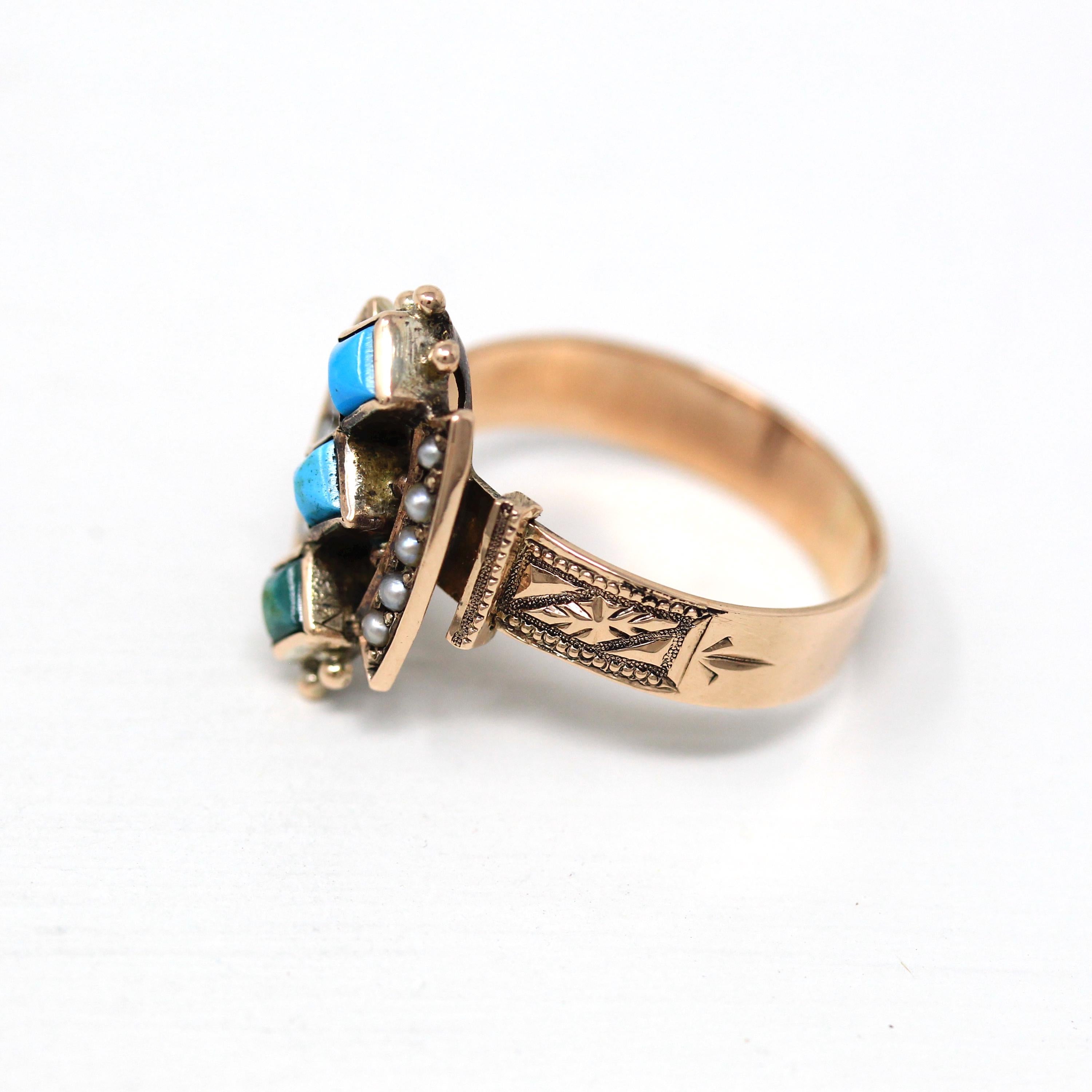 Antique Turquoise Ring - Victorian 10k Yellow Gold Green & Blue Genuine Gems Statement - Circa 1890s Era Size 6 1/4 Seed Pearl Fine Jewelry