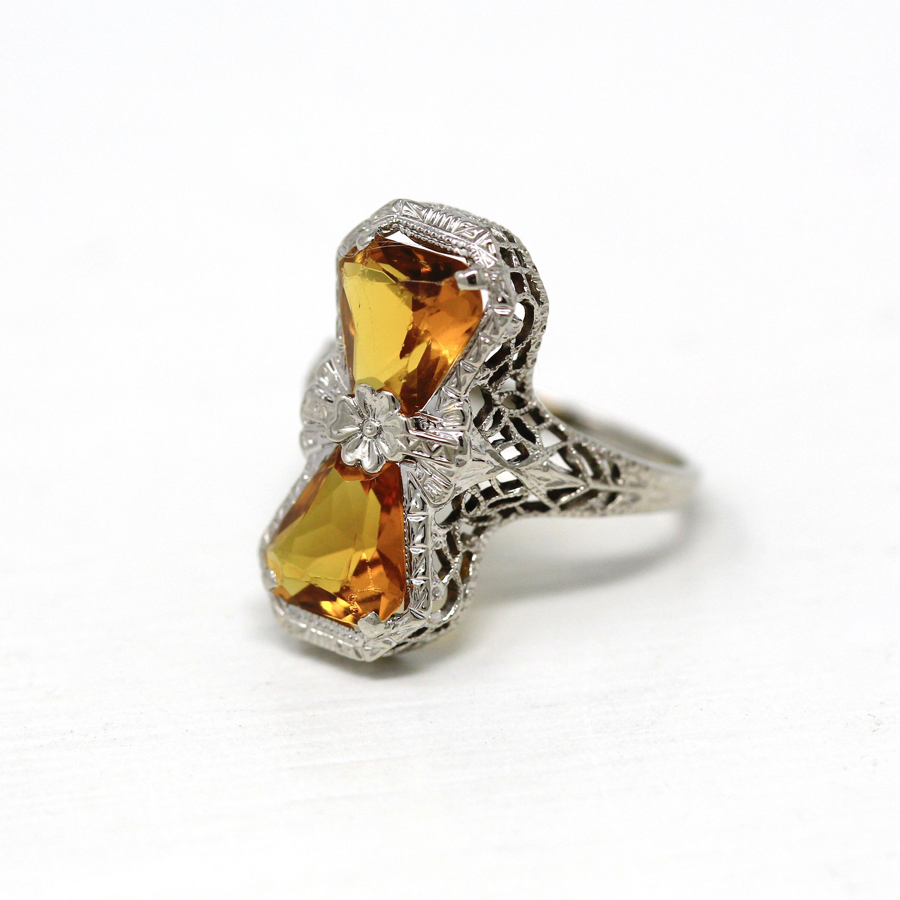 Two Stone Ring - Art Deco 14k White Gold Filigree Fancy Cut Simulated Citrines - Vintage Circa 1930s Era Size 3 3/4 Flower Fine Jewelry