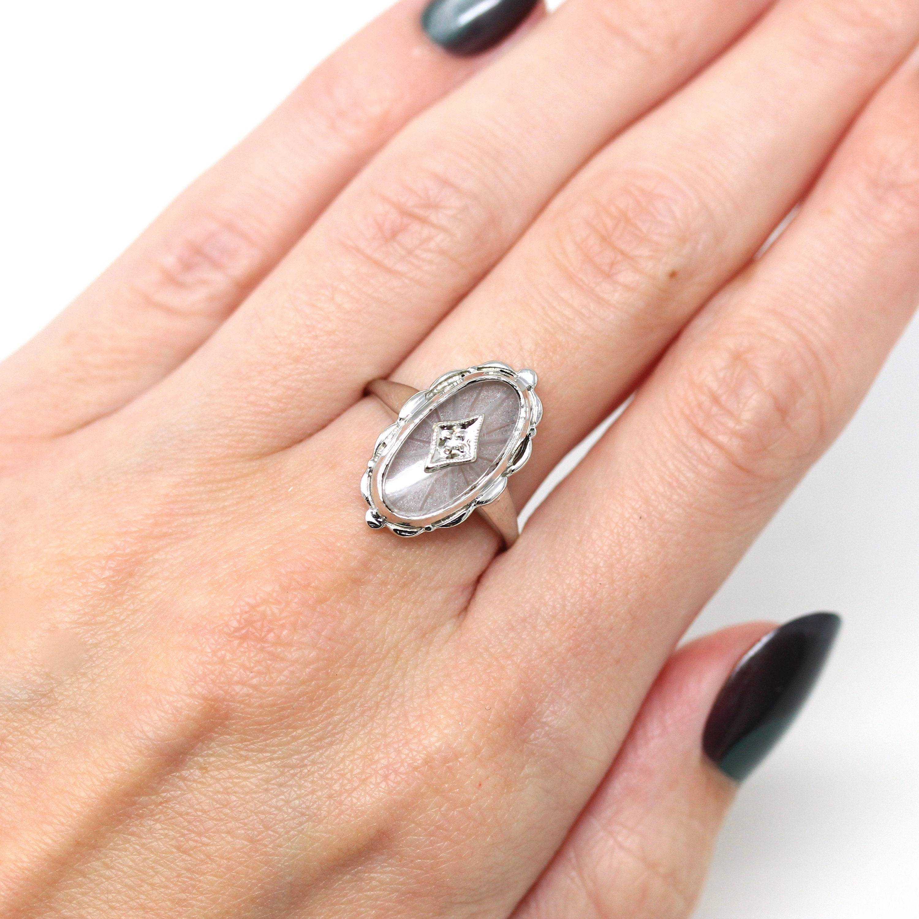 Rock Crystal Quartz Ring - Vintage Retro 10k White Gold Genuine Diamond Statement - Circa 1940s Era Size 7 3/4 Oval Shaped 40s Jewelry