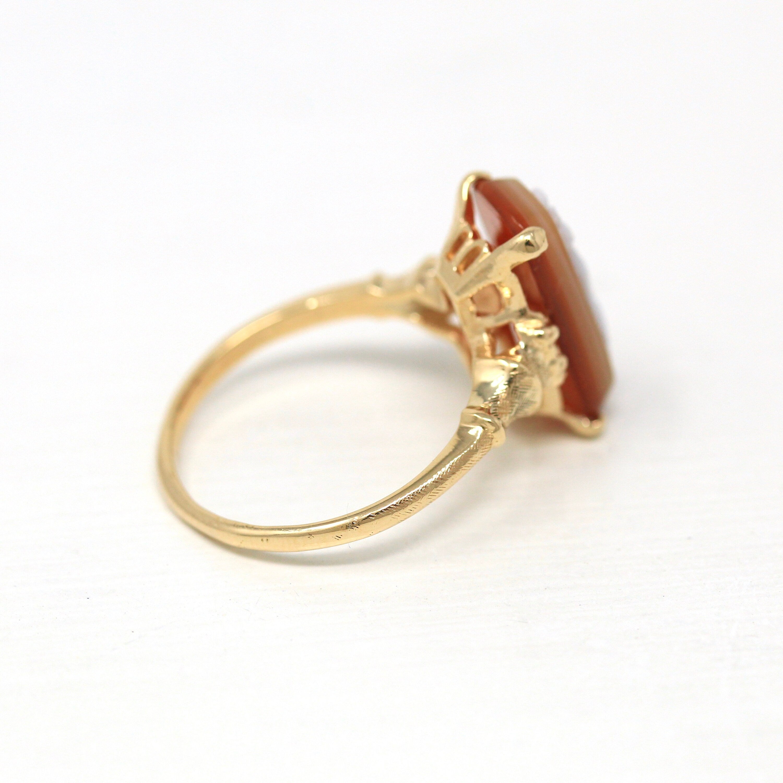 Sardonyx Cameo Ring - Retro Era 14k Yellow Gold Orange White Genuine Banded Carved Gem - Vintage Circa 1940s Size 7 Full Figure Fine Jewelry