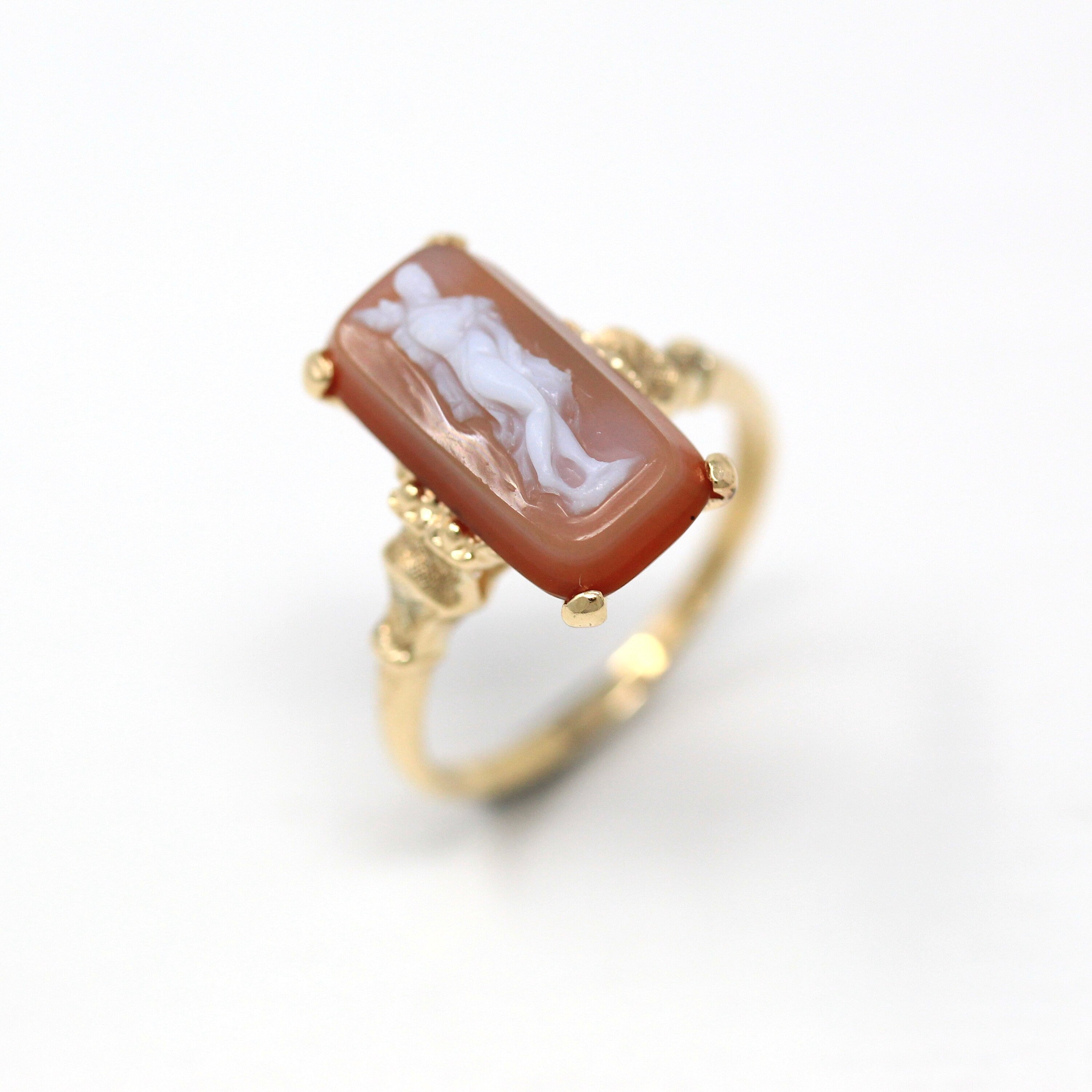 Sardonyx Cameo Ring - Retro Era 14k Yellow Gold Orange White Genuine Banded Carved Gem - Vintage Circa 1940s Size 7 Full Figure Fine Jewelry