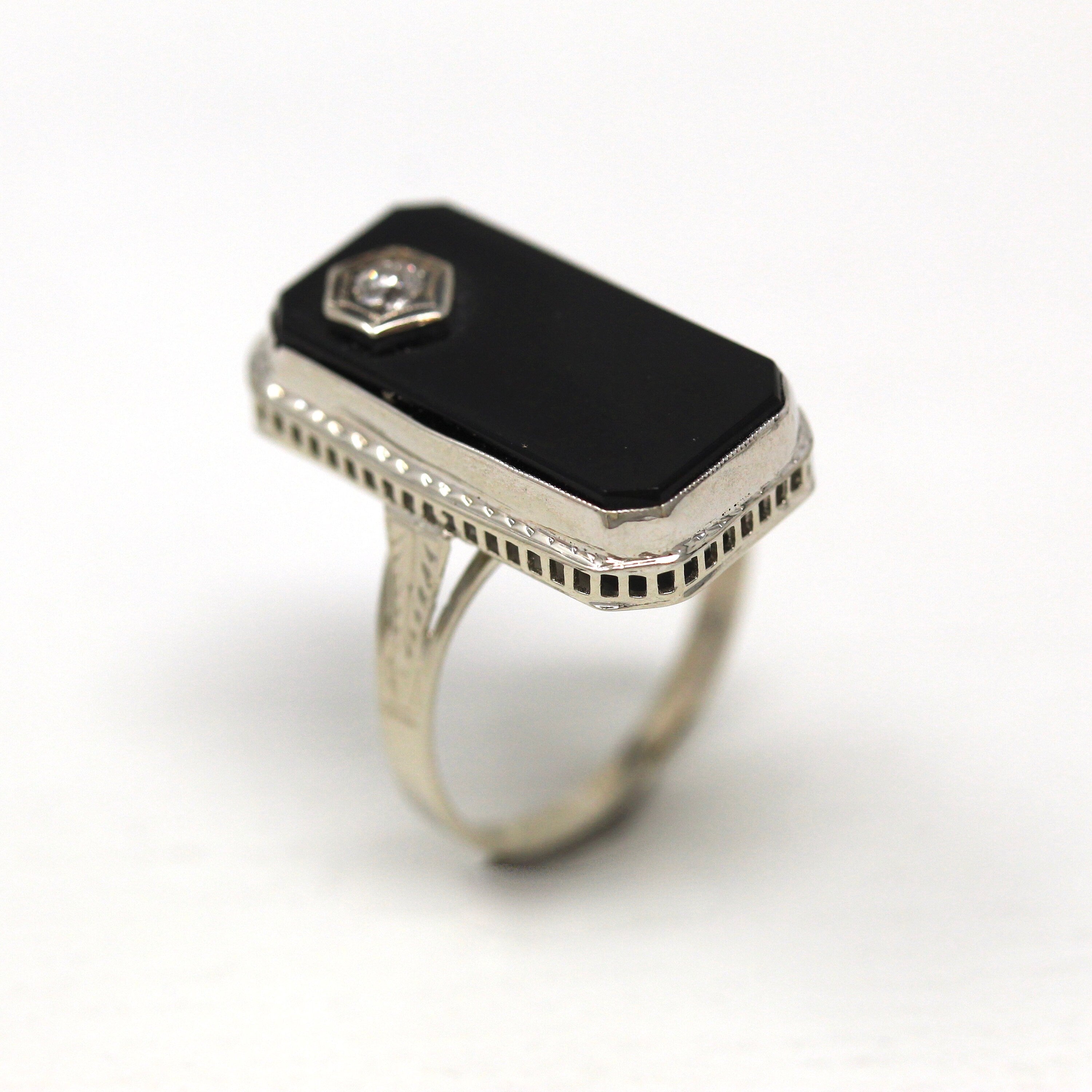 Onyx & Diamond Ring - Art Deco Era 14k White Gold Genuine .06 CT Gemstone Filigree - Vintage Circa 1930s Size 7.5 Engraved Fine Jewelry