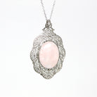 Rose Quartz Pendant - Art Deco 10k White Gold Oval Cabochon Cut 6.70 CT Pink Gemstone - Vintage Circa 1930s Era Flower Filigree Fine Jewelry