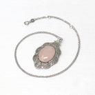 Rose Quartz Pendant - Art Deco 10k White Gold Oval Cabochon Cut 6.70 CT Pink Gemstone - Vintage Circa 1930s Era Flower Filigree Fine Jewelry